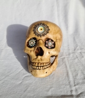 Human skull decorated with jewels and an eye. Image